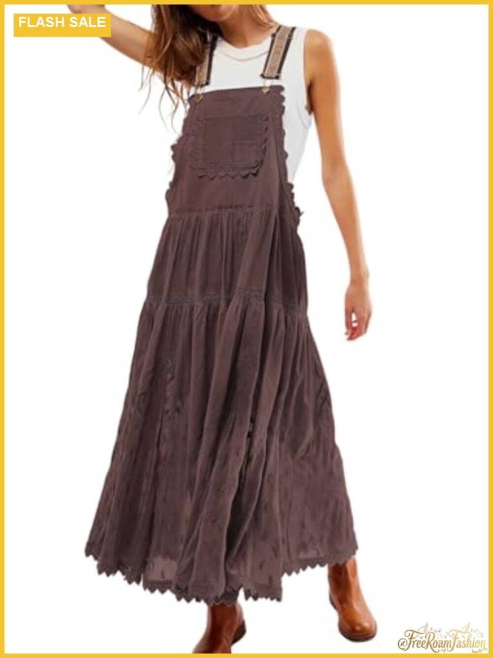 Women's Lace Embroidered Maxi Dress Adjustable Strap Tiered Swing Dress with